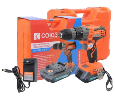 Дрель аккумуляторная СОЮЗ, 18В, 1BatterySystem, 30Нм, 2х2.0Ач, кейс ДШС-18К 