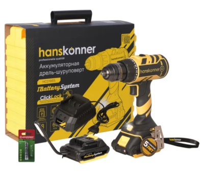 Дрель аккум. ударн. б/щ Hanskonner,18В,2 акк.,2,4Ач,65Нм,патрон 13мм,кейс,Unibattery HCD1865